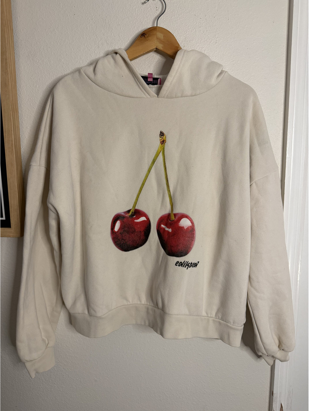 Edikted Mon Cheri Cherry Graphic Oversized Cream Hoodie Y2K